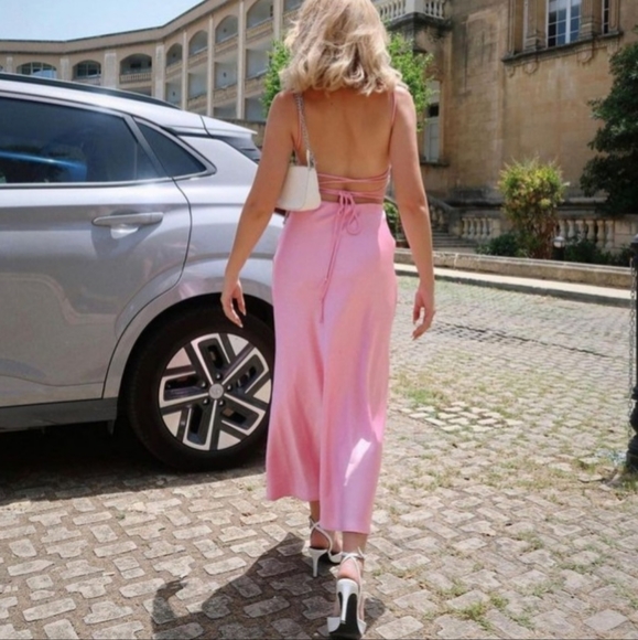 Zara Pink Satin Sleeveless Halter Cross Back Tie Dress Size XS Midi Slip Dress - Picture 3 of 11